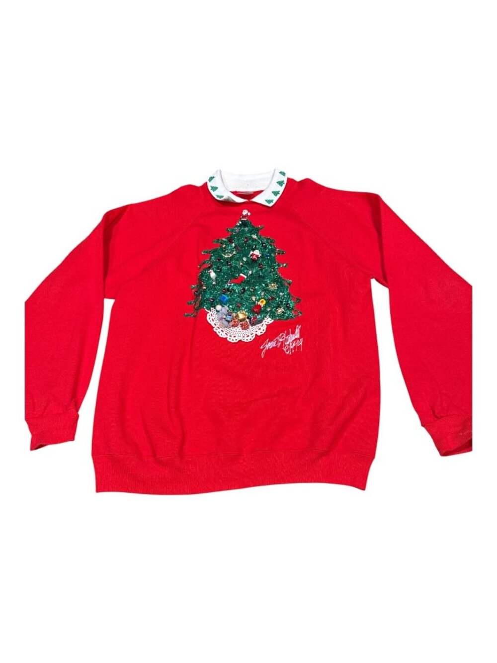 Vintage Red Ugly Christmas Sweatshirt With Embellished Tree & Collar Size XL